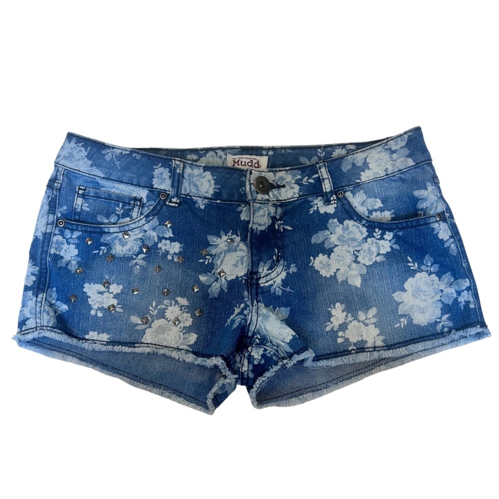 Mudd‎ Blue Floral Studded Denim Shorts Women 7 Low Rise Frayed Hem Y2K Boho